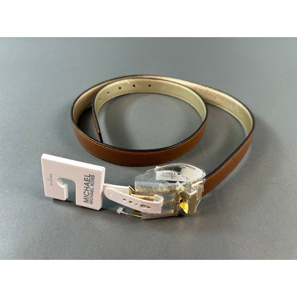 Michael Kors Reversible Belt Luggage Brown Saffiano Gold Metallic Size L NEW